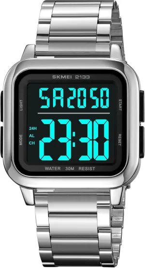 Multifunction Waterproof Dual Time Date Gosasa Square Women's Men��s Digital draft intelligible Watch Large Face LED Stainless Steel Casual Sport Watches 