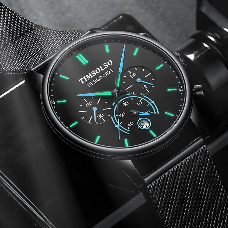 New Fashion Luminous Mens Watches Luxury Sport Quartz Mesh Strap Elegant  Waterproof Wristwatch For Men