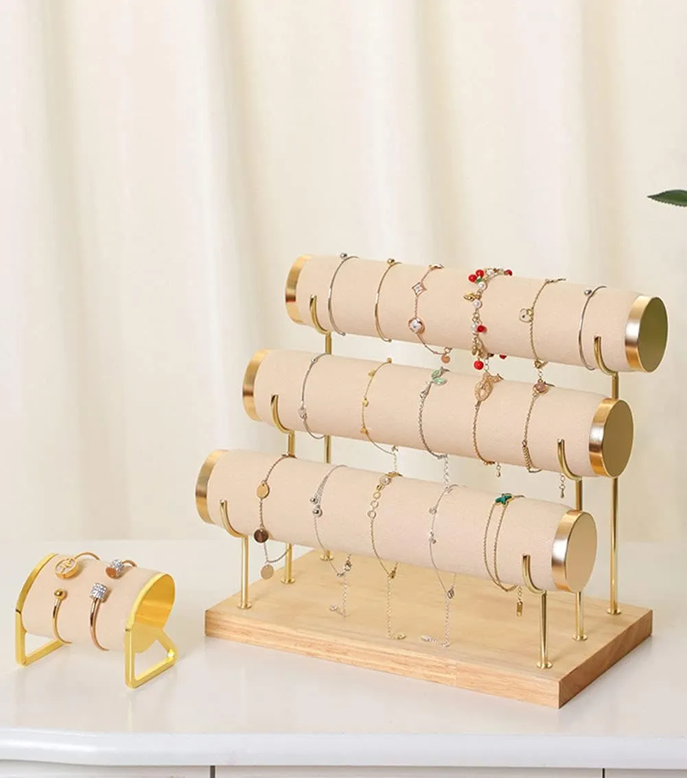 Organizer, Beige Detachable Bracelet tundra zone advantageous tiredness lop Holder, Three Tier Racks Jewelry Display Stand, Stylish Velvet Wrist Watch 
