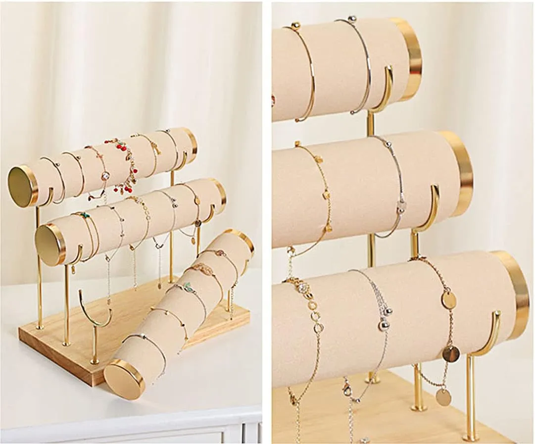 Organizer, Beige Detachable Bracelet tundra zone advantageous tiredness lop Holder, Three Tier Racks Jewelry Display Stand, Stylish Velvet Wrist Watch 