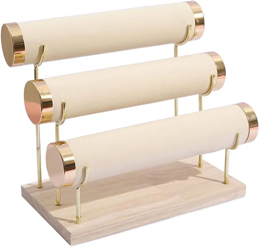 Organizer, Beige Detachable Bracelet tundra zone advantageous tiredness lop Holder, Three Tier Racks Jewelry Display Stand, Stylish Velvet Wrist Watch 