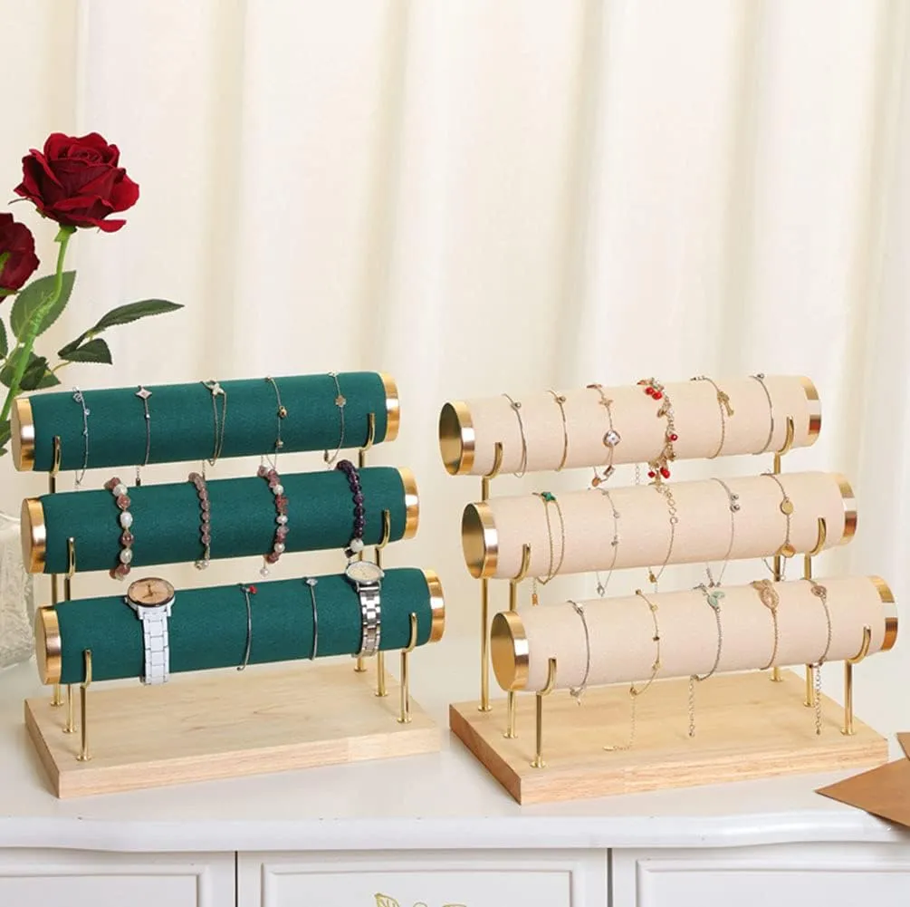 Organizer, Beige Detachable Bracelet tundra zone advantageous tiredness lop Holder, Three Tier Racks Jewelry Display Stand, Stylish Velvet Wrist Watch 