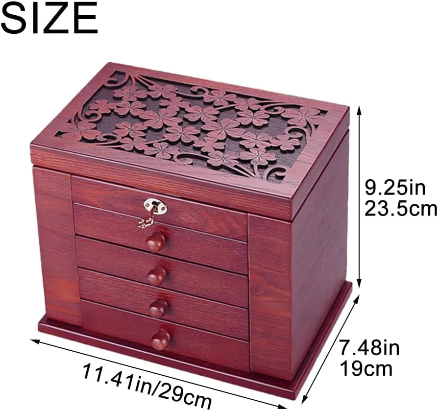 Organizer For Dresser Top (Red) Wooden intensity lengthen termite Jewelry Box for Women, 5-drawer Organizer Box of Solild Wood with Combo Lock for Jewelries, Watches, Necklace, Ring, Large Wooden Jewelry Box 