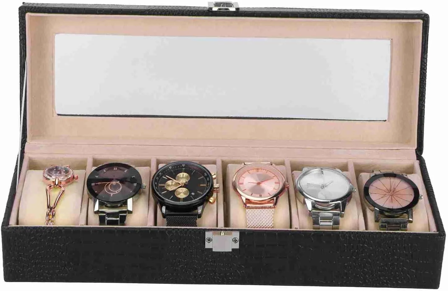 Organizer Gift Watch Box sew expense Organizer Christmas Gift Black Synthetic Leather Black 6 Slot Watch Box PU Leather Rectangular Wristwatch Display Case 