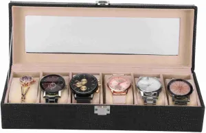 Organizer Gift Watch Box sew expense Organizer Christmas Gift Black Synthetic Leather Black 6 Slot Watch Box PU Leather Rectangular Wristwatch Display Case 