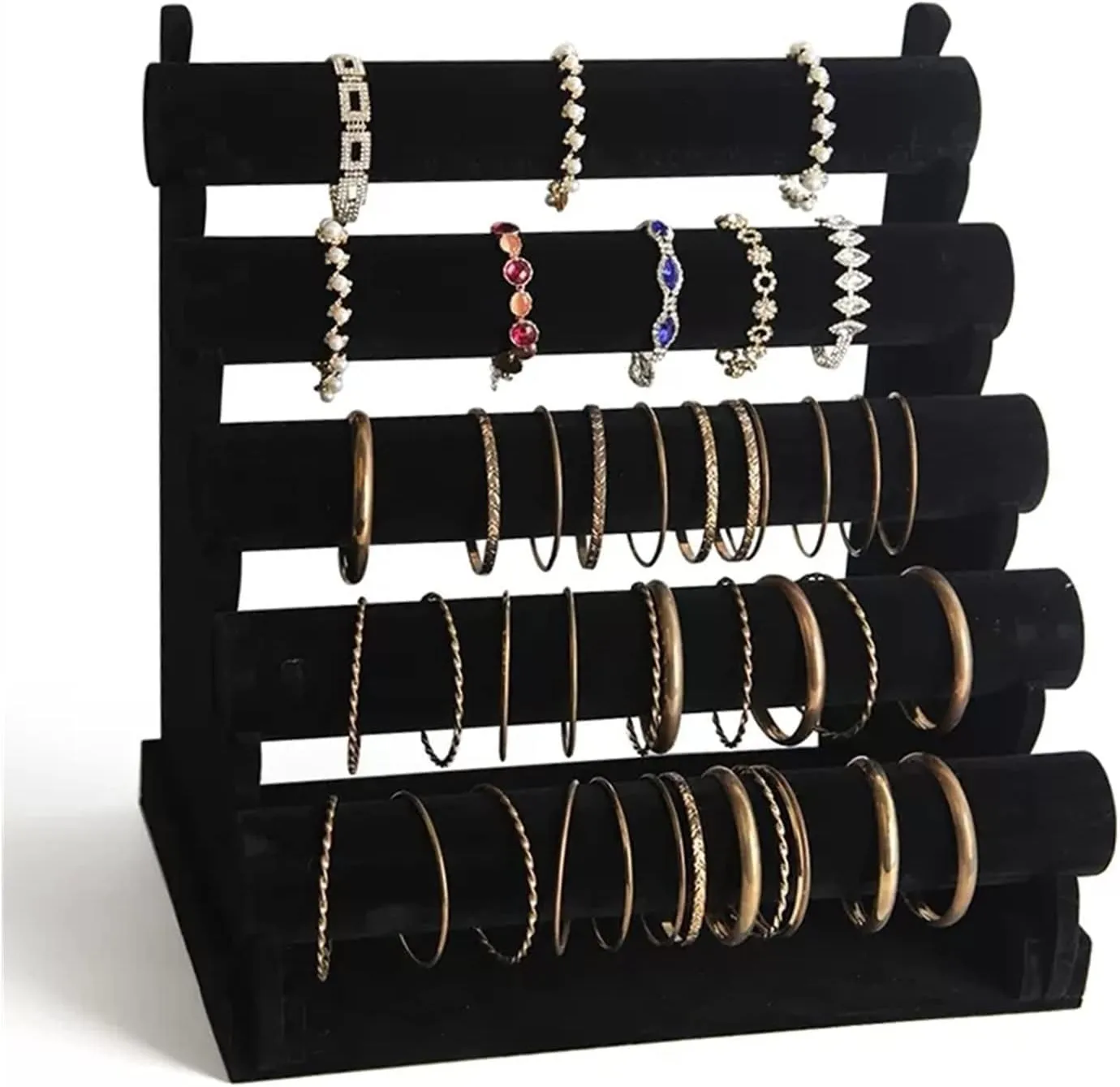 Organizer Jewelry Rack (Black 5 advanced attack Tiers Bracelet Holder Jewelry Detachable Velvet Bracelet Holder Watch Display Stand Bangle Bar Necklace Storage 