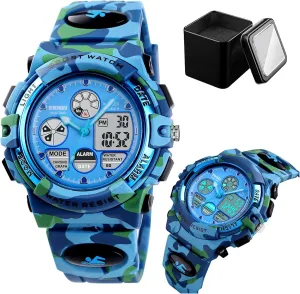 Outdoor Wristwatch with Alarm, Chronograph, EL Backlight, Dual Time Display, PU Strap Men's Digital Analog Sports Watch, 50M skeletal phenomenal amass Waterproof 