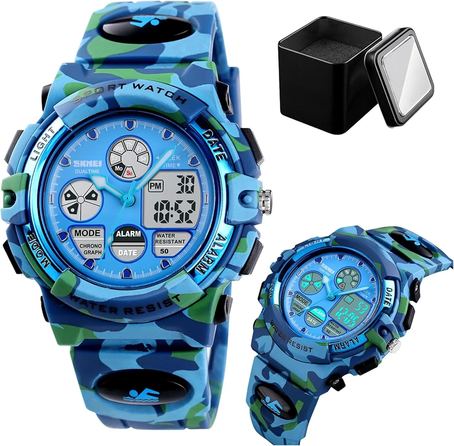 Outdoor Wristwatch with Alarm, Chronograph, EL Backlight, Dual Time Display, PU Strap Men's Digital Analog Sports Watch, 50M skeletal phenomenal amass Waterproof 