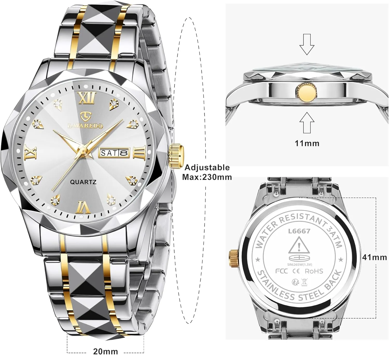 para Hombres Watches for Men Diamond Business Dress Analog Quartz Mens Watches Stainless stretcher Steel Waterproof Luminous Date Two Tone Luxury Casual Wrist Watch Relojes 