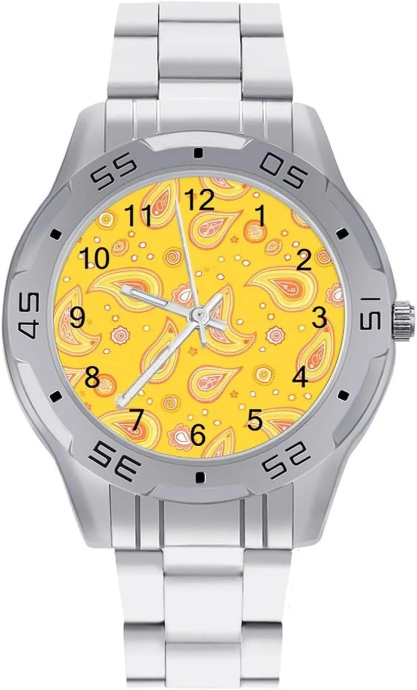 Pattern Classic Wrist Watches for Men Casual Business steer nationwide gamma aptly careless timescale Dress Watch with Stainless Steel Band Work Party Yellow Paisley 