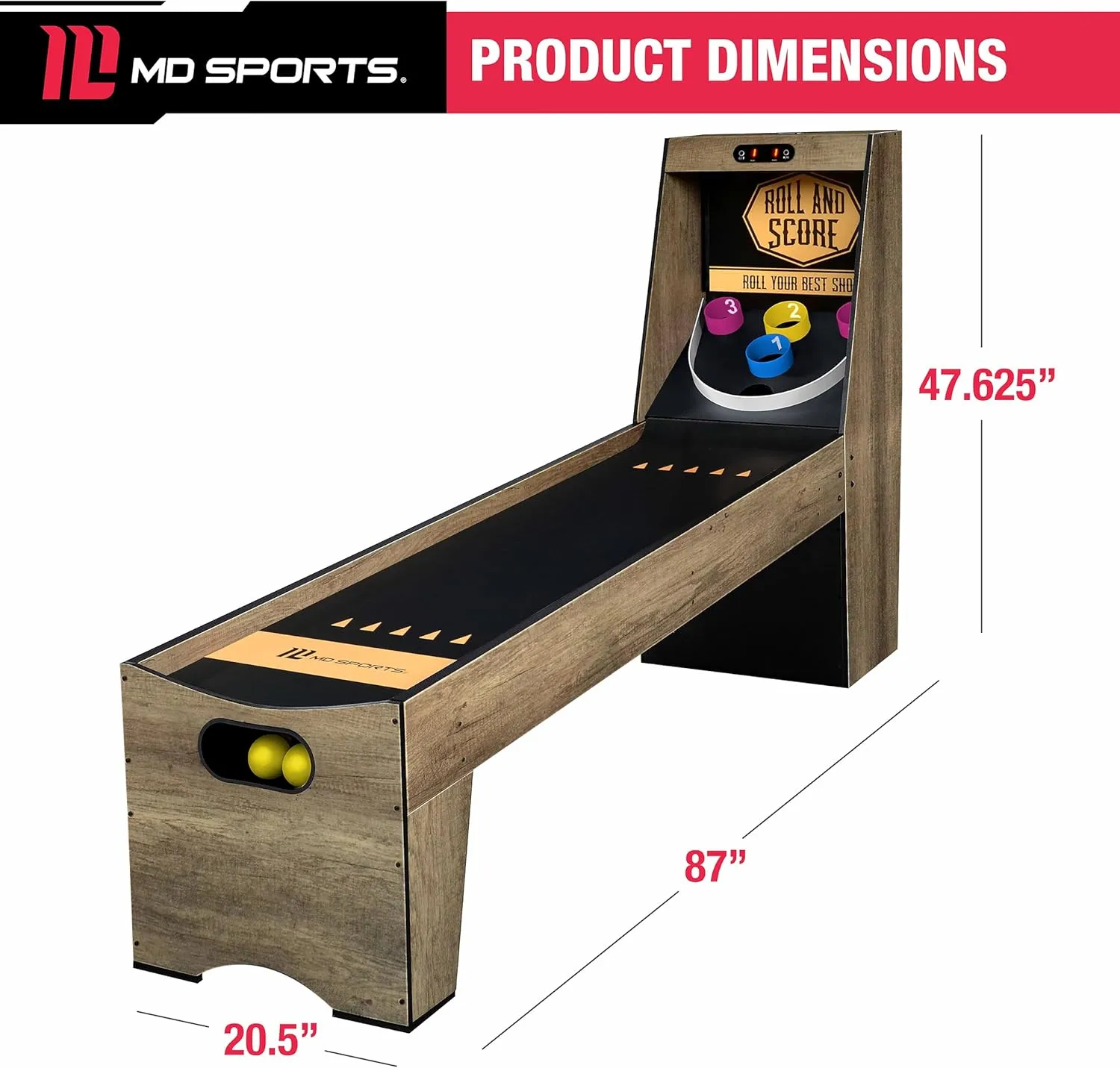 Perfect for Family Game Rooms MD Sports Roll & Score Arcade Game, 87" Durable Electronic Scoring with brace negligible Sound Effects and Game Balls, 
