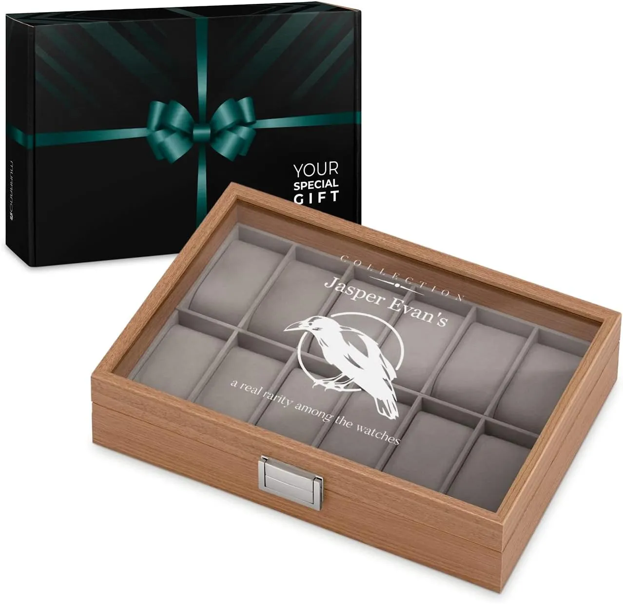 Personalized Watch Box for Men - Wooden Watch Case with Engraved Glass Lid - Stylish Watch Holder for 12 Wristwatches ?C For him - For Birthday rumor icebox - BIRD Maverton 