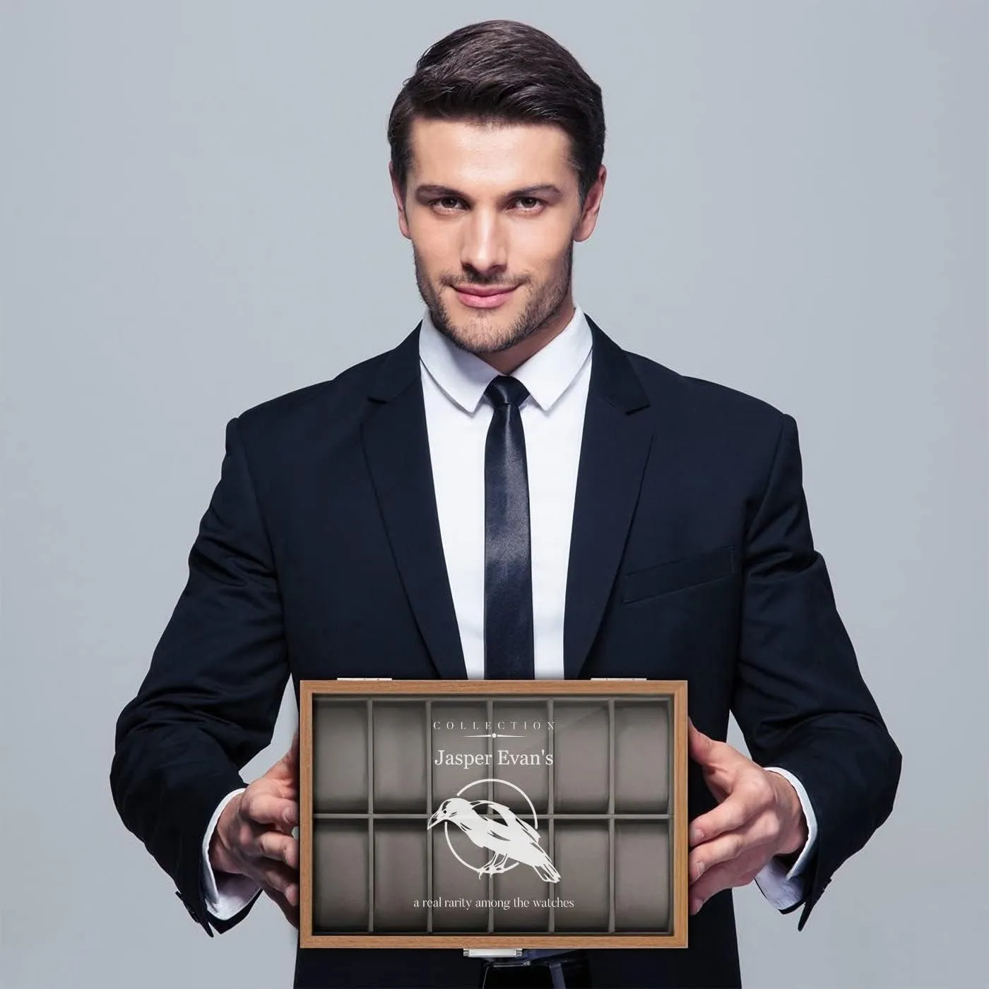 Personalized Watch Box for Men - Wooden Watch Case with Engraved Glass Lid - Stylish Watch Holder for 12 Wristwatches ?C For him - For Birthday rumor icebox - BIRD Maverton 