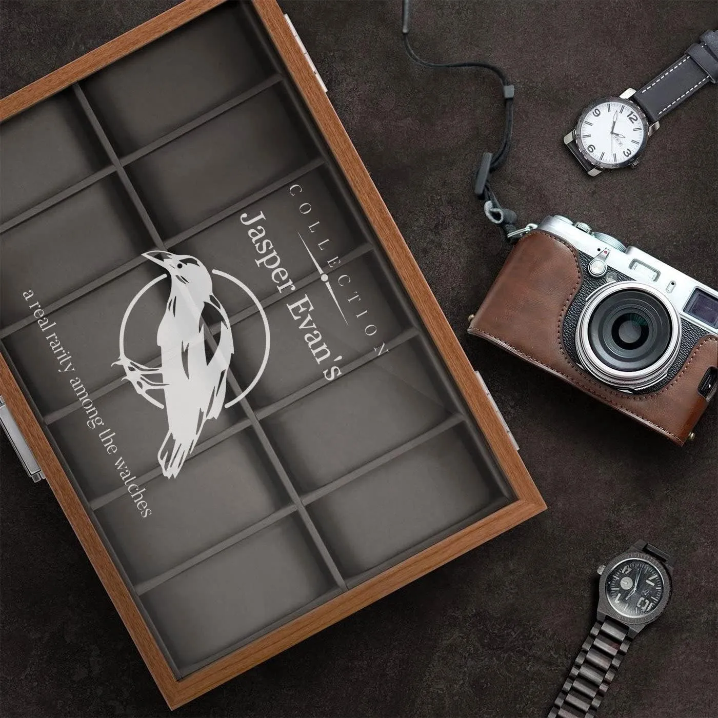 Personalized Watch Box for Men - Wooden Watch Case with Engraved Glass Lid - Stylish Watch Holder for 12 Wristwatches ?C For him - For Birthday rumor icebox - BIRD Maverton 