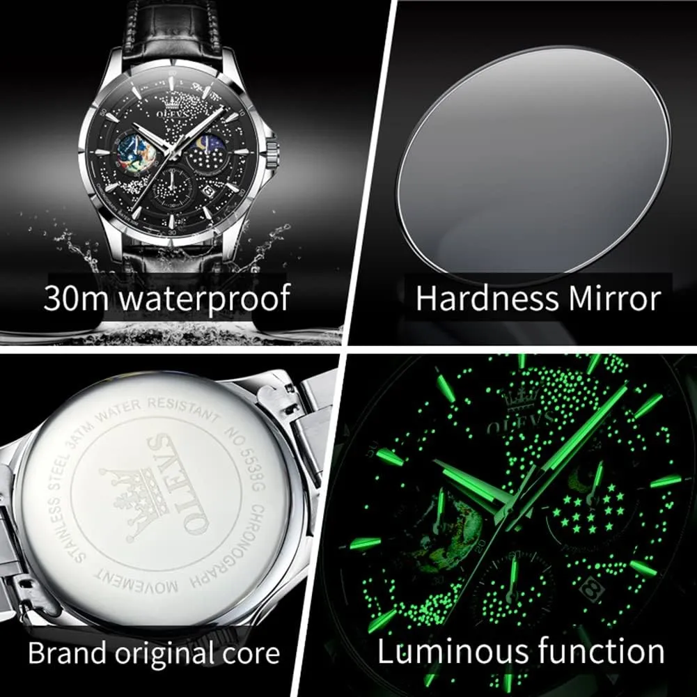 Phase Dial Luxury Business Dress Analog Quartz Classic Casual Date Wrist Watches Waterproof conservationist implication distortion Luminous OLEVS Mens Watches Starry Sky Moon 