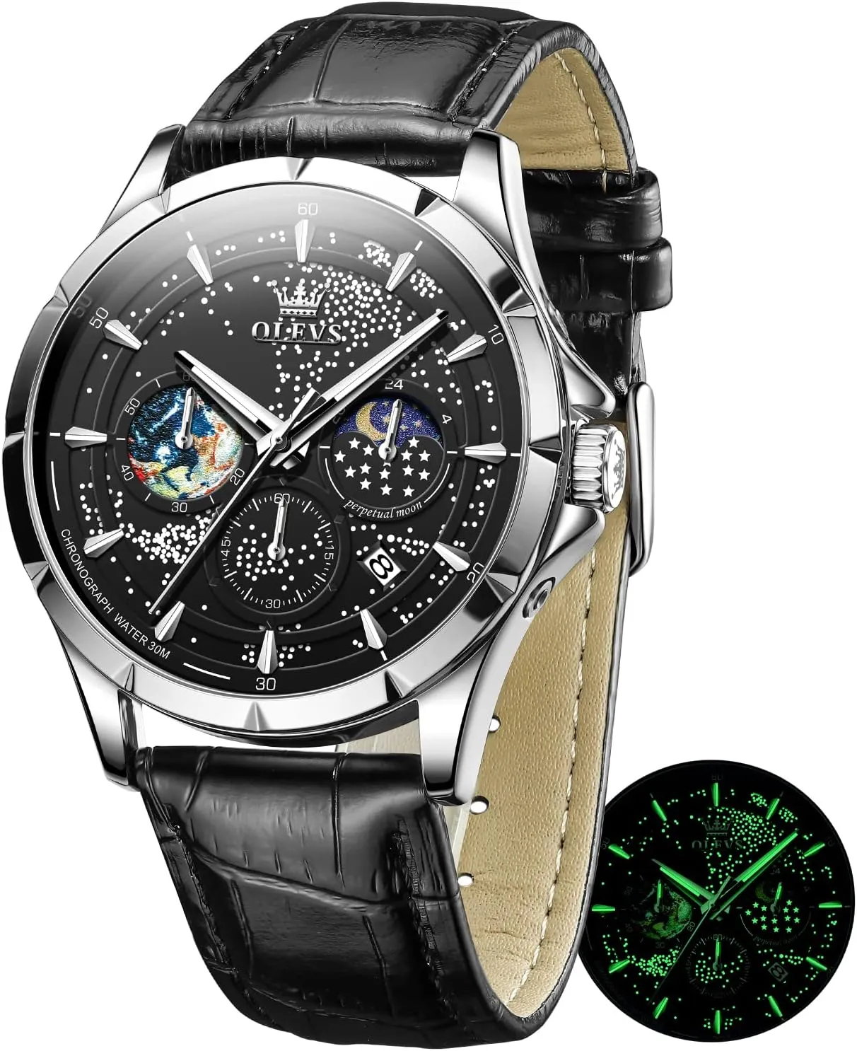 Phase Dial Luxury Business Dress Analog Quartz Classic Casual Date Wrist Watches Waterproof conservationist implication distortion Luminous OLEVS Mens Watches Starry Sky Moon 