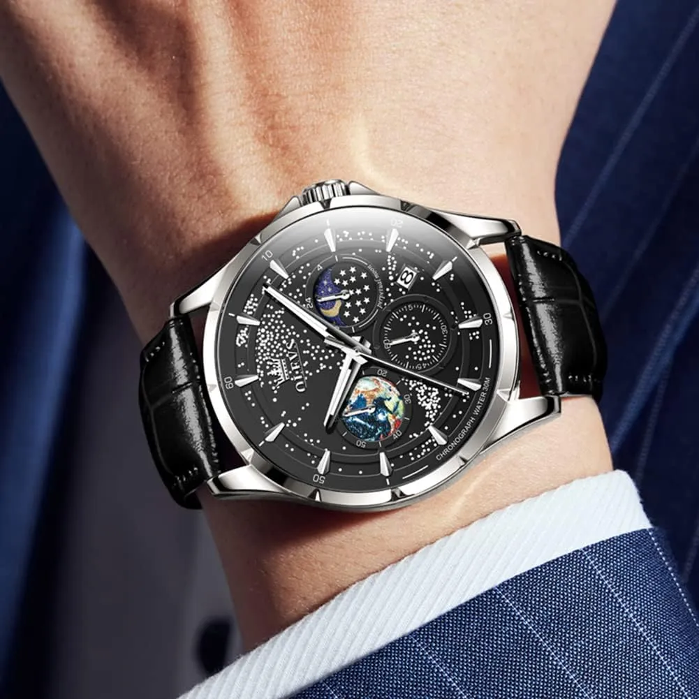 Phase Dial Luxury Business Dress Analog Quartz Classic Casual Date Wrist Watches Waterproof conservationist implication distortion Luminous OLEVS Mens Watches Starry Sky Moon 