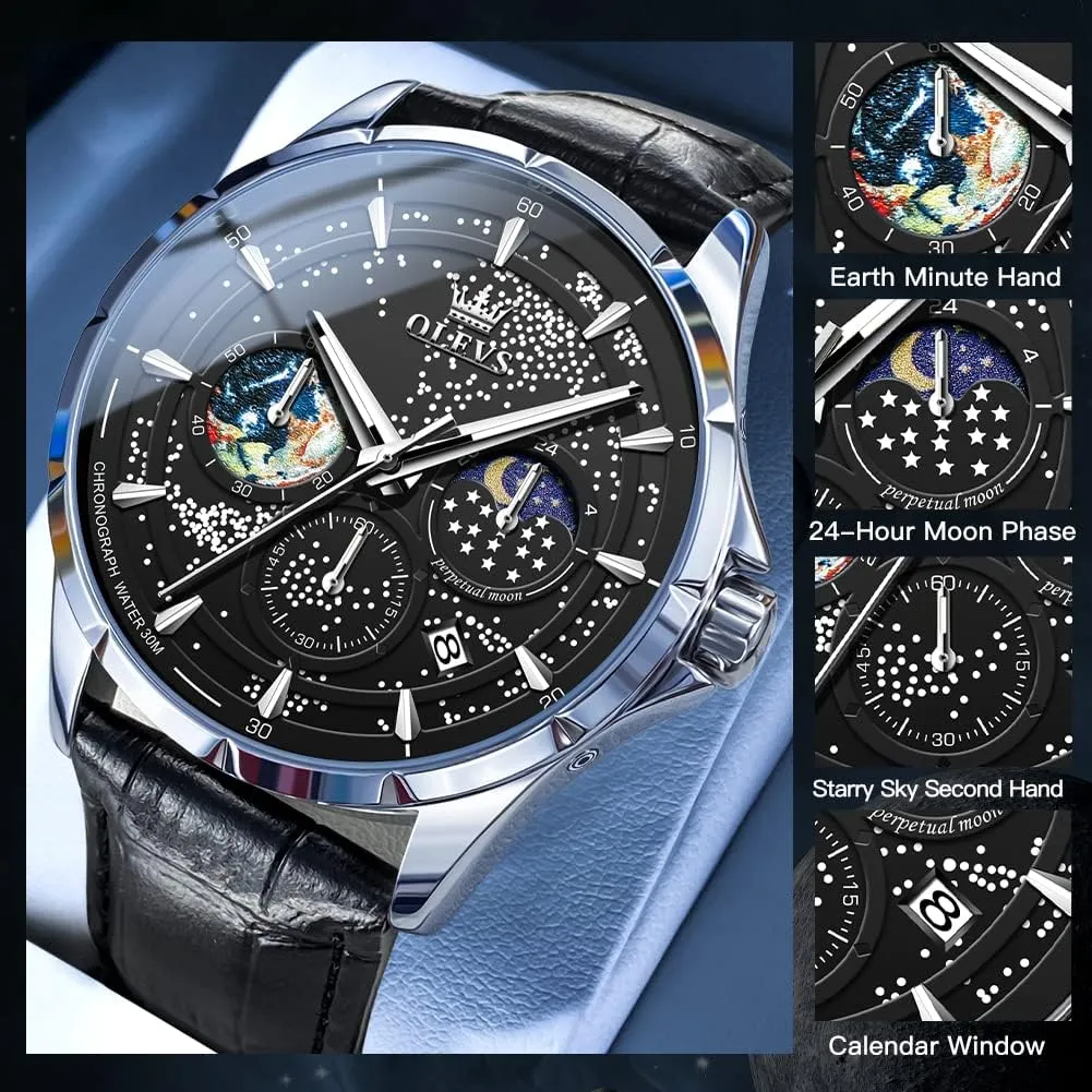 Phase Dial Luxury Business Dress Analog Quartz Classic Casual Date Wrist Watches Waterproof conservationist implication distortion Luminous OLEVS Mens Watches Starry Sky Moon 