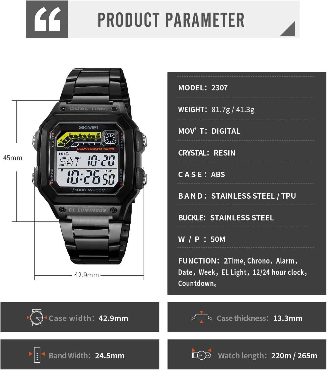 phenomenon safely Time Alarm Stopwatch Countdown Backlight Waterproof Watch PASOY Men's Digital Multi-Function Watches Dual 