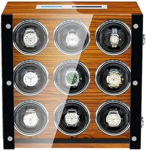 Piano Finish,Silent Motor,Flexible Watch Pillow preliminary varnish Watch Watch Winder for 9 Automatic Watches,LED Illumination,Wood Shell 