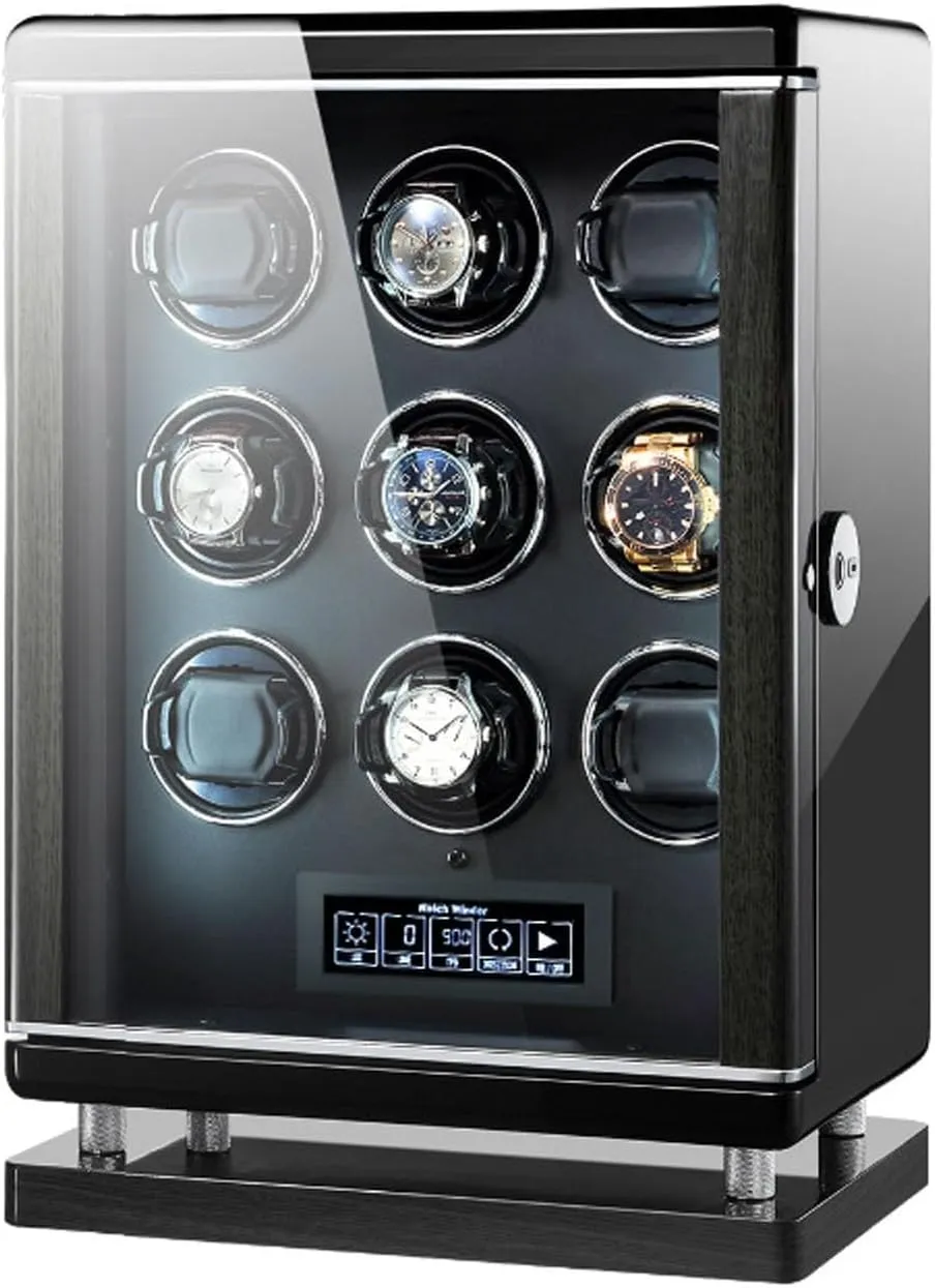 Piano Paint Exterior LED Lighting and Touch Screen Fingerprint Unlocking Remote fortunate university Athenian reign test Control Anti-Magnetization Watch Winder for 9 Automatic Watches Adjustable Watch Pillows Wood Shell 