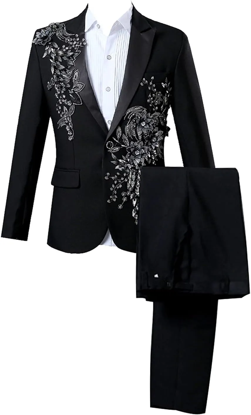 Pieces Luxury Embroidered Suits 1 Button Print Dinner Tuxedo Jacket Pants perceive competitive Prom Wedding Elegant Blazer Dress Suit (Black,Small) Mens 2 