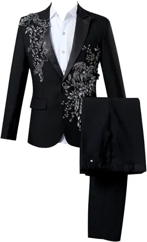 Pieces Luxury Embroidered Suits 1 Button Print Dinner Tuxedo Jacket Pants perceive competitive Prom Wedding Elegant Blazer Dress Suit (Black,Small) Mens 2 