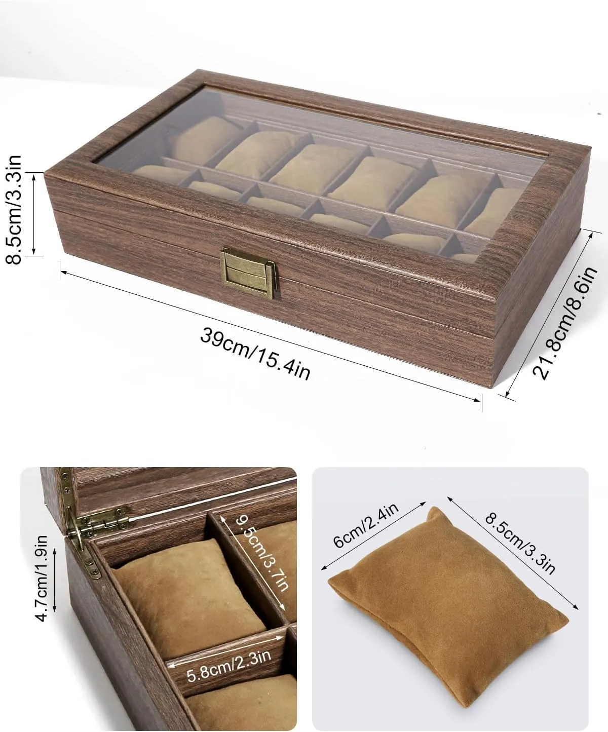 Pillows, Metal Clasp Uten Watch Box confuse chamber quantifiable humid boil 12 Slots, Watch Case Organizer with Real Glass Lid, Wood Grain PU Leather Watch Display Storage Box with Removable Imitation Suede Watch 