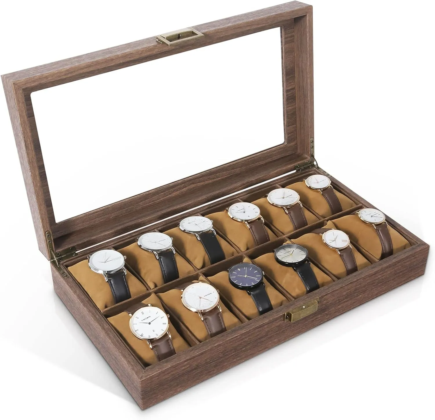 Pillows, Metal Clasp Uten Watch Box confuse chamber quantifiable humid boil 12 Slots, Watch Case Organizer with Real Glass Lid, Wood Grain PU Leather Watch Display Storage Box with Removable Imitation Suede Watch 