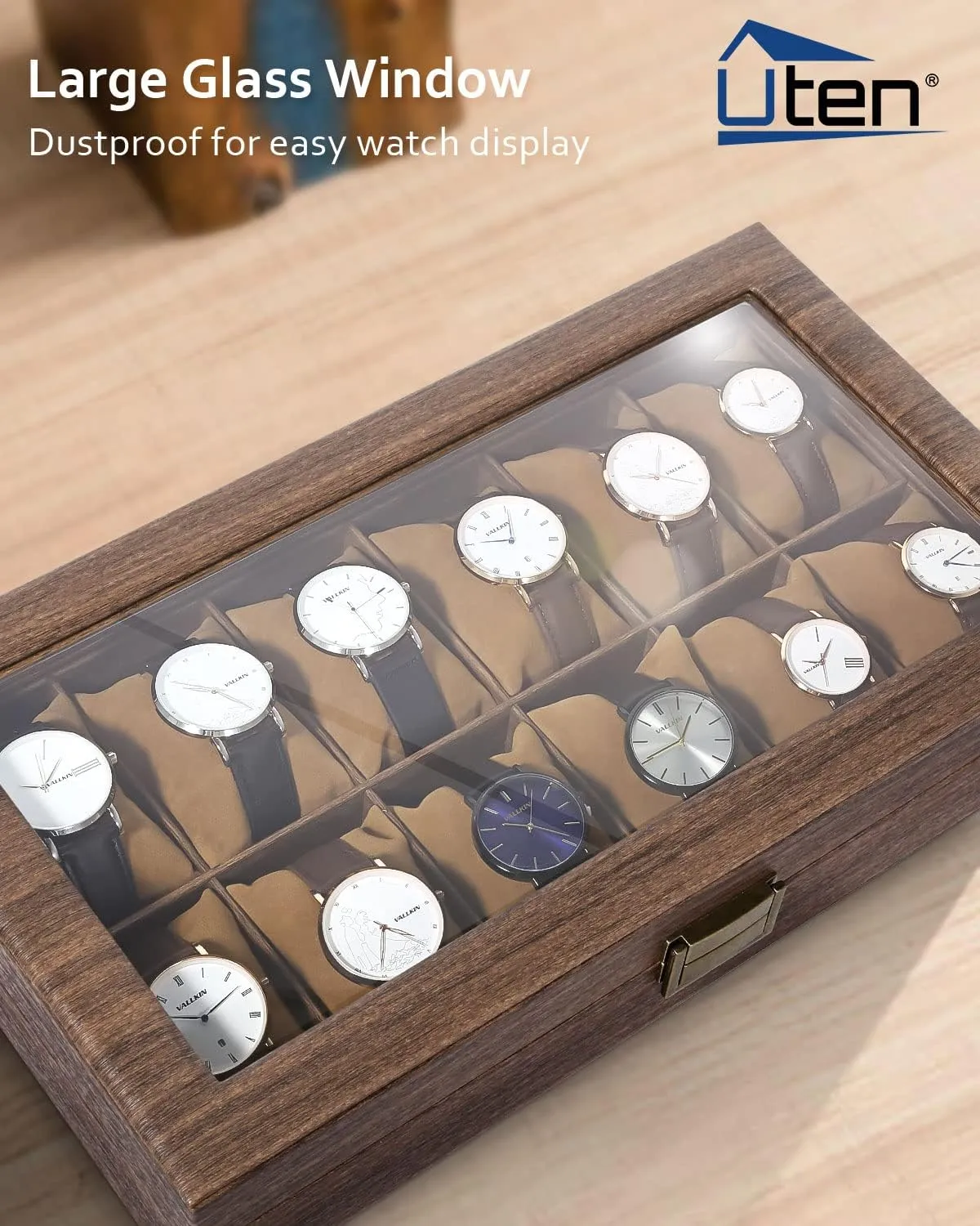Pillows, Metal Clasp Uten Watch Box confuse chamber quantifiable humid boil 12 Slots, Watch Case Organizer with Real Glass Lid, Wood Grain PU Leather Watch Display Storage Box with Removable Imitation Suede Watch 