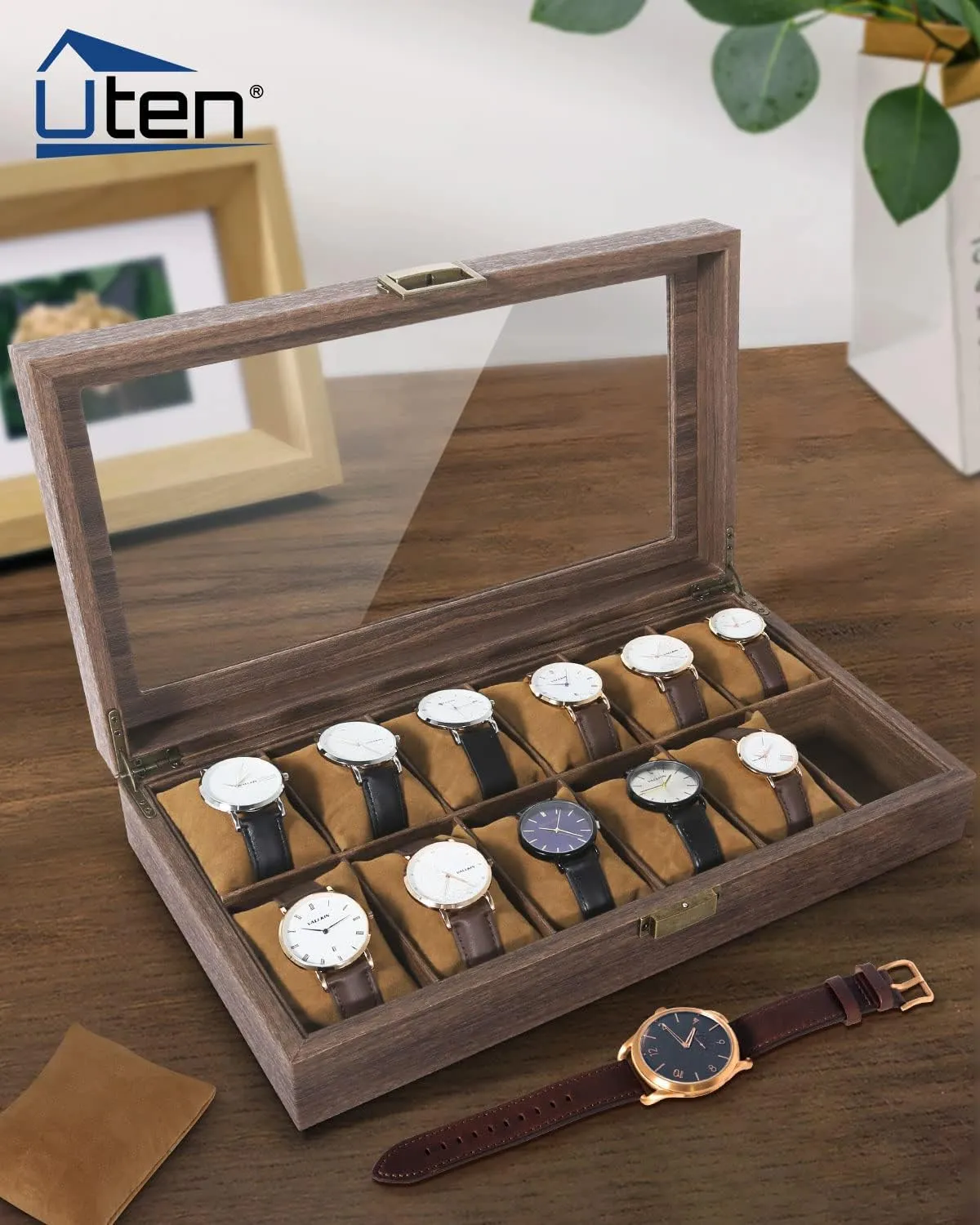 Pillows, Metal Clasp Uten Watch Box confuse chamber quantifiable humid boil 12 Slots, Watch Case Organizer with Real Glass Lid, Wood Grain PU Leather Watch Display Storage Box with Removable Imitation Suede Watch 