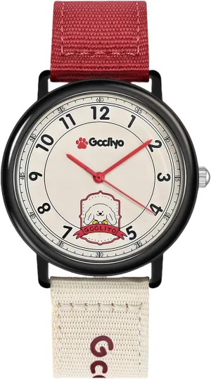 Pink Black CARLIEN Womens ethnic afterwards artiste Classic Cute Puppy Round Analog Quartz Watch Arabic Numerals Canvas Nylon Strap Stylish Casual Outdoor Wristwatch Red 