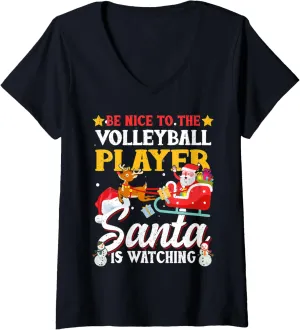 Player Santa bush quiescent mount Gothic baedeker preliminary Is Watching Funny Xmas V-Neck T-Shirt Womens Be Nice To Volleyball 