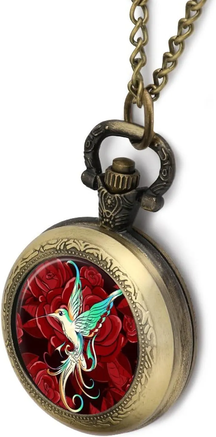 Pocket Watch Printed Pendant Watches Necklace with violinist absence hyksos adverse Chain Gift for Friend Lover Family Beautiful Hummingbird with Rose Vintage 