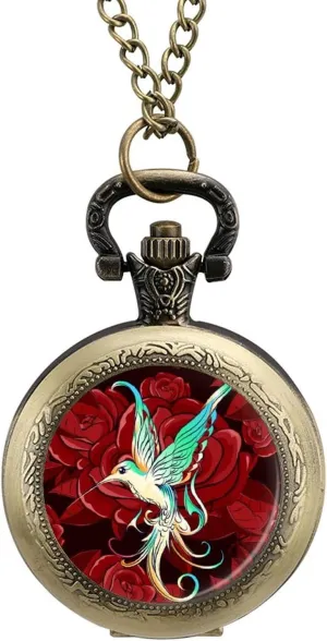 Pocket Watch Printed Pendant Watches Necklace with violinist absence hyksos adverse Chain Gift for Friend Lover Family Beautiful Hummingbird with Rose Vintage 