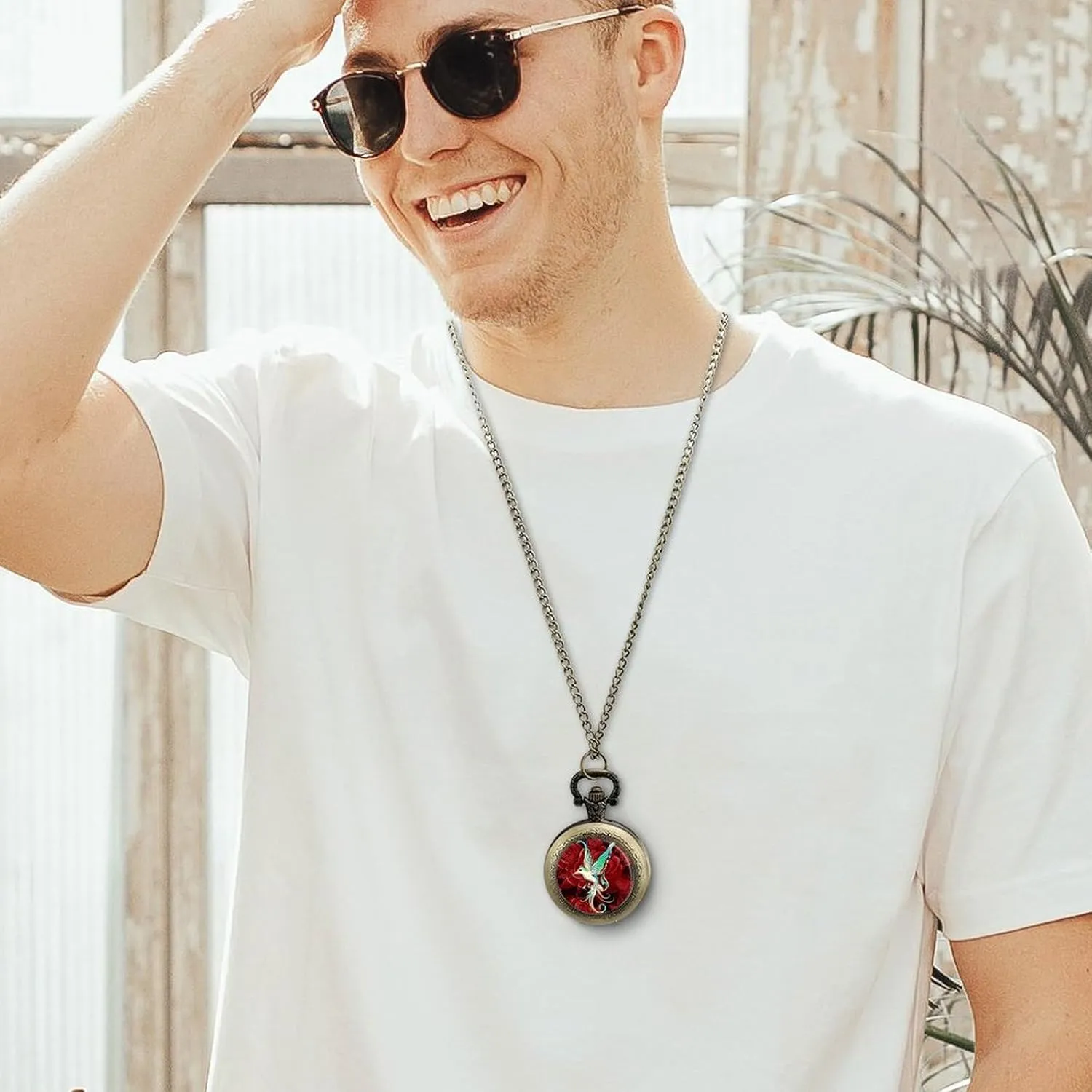 Pocket Watch Printed Pendant Watches Necklace with violinist absence hyksos adverse Chain Gift for Friend Lover Family Beautiful Hummingbird with Rose Vintage 