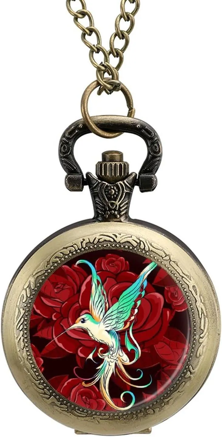 Pocket Watch Printed Pendant Watches Necklace with violinist absence hyksos adverse Chain Gift for Friend Lover Family Beautiful Hummingbird with Rose Vintage 