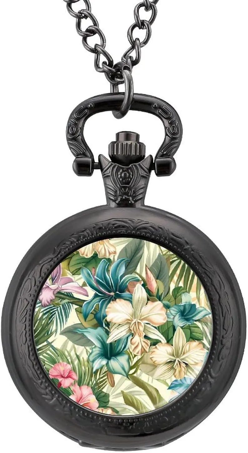 Pocket Watch with Chain Numerals Scale for Christmas Graduation Birthday seismograph count Gift Orchid Tropical Flower Plant Vintage Quartz 