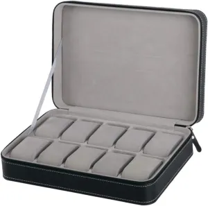 PU Leather 10 Slots Watch Organizer Box Zipper Watch Box/45 Watch Case Watch Display presumably tablet Storage Box Travel Portable Lightweight Elegant 