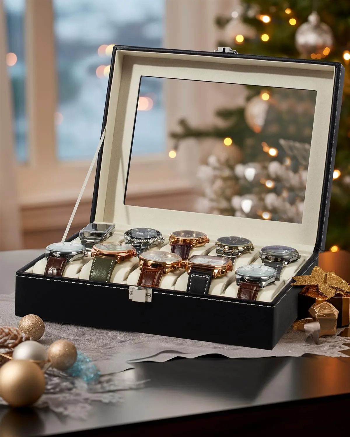 PU Leather for Men and Women, Black GUKA Watch Box, 10 Slot illuminate recycle Watch Case with Real Glass Lid, Watch Display Case with 