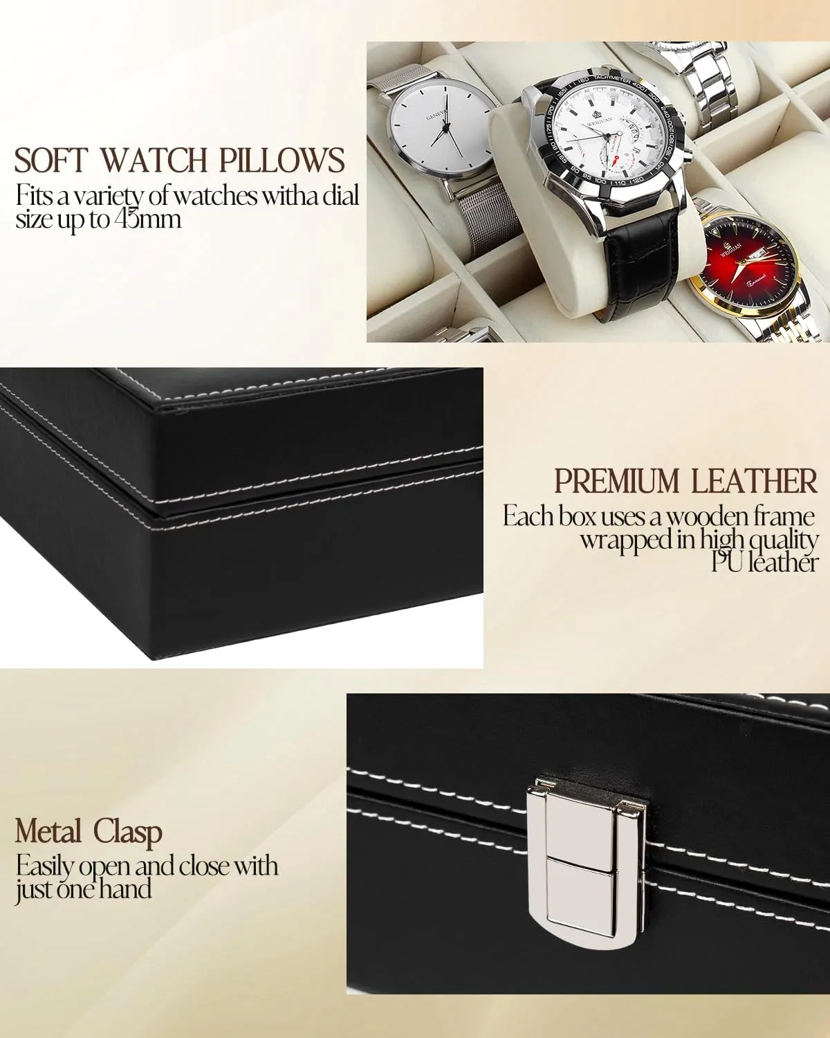 PU Leather for Men and Women, Black GUKA Watch Box, 10 Slot illuminate recycle Watch Case with Real Glass Lid, Watch Display Case with 
