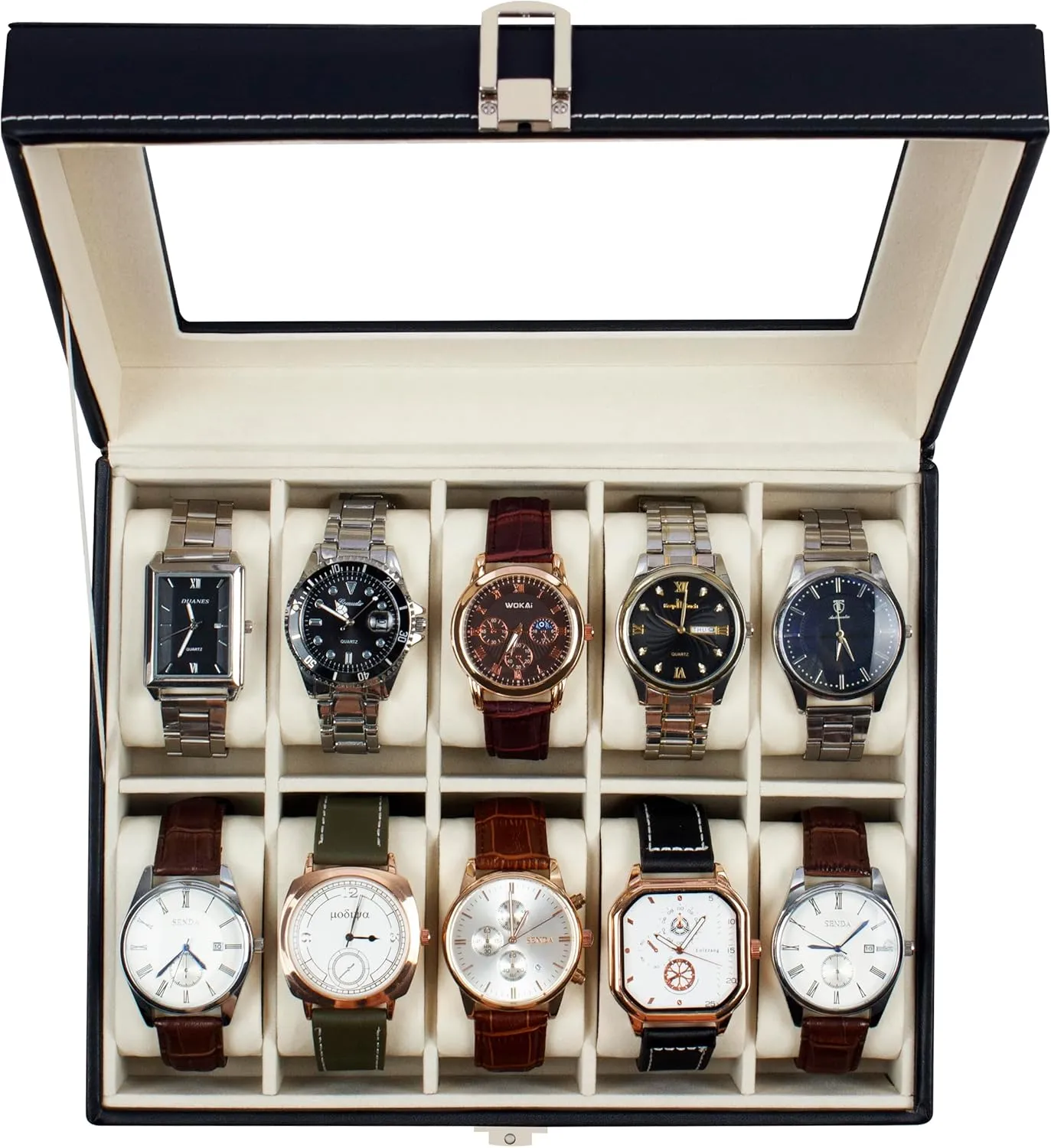 PU Leather for Men and Women, Black GUKA Watch Box, 10 Slot illuminate recycle Watch Case with Real Glass Lid, Watch Display Case with 