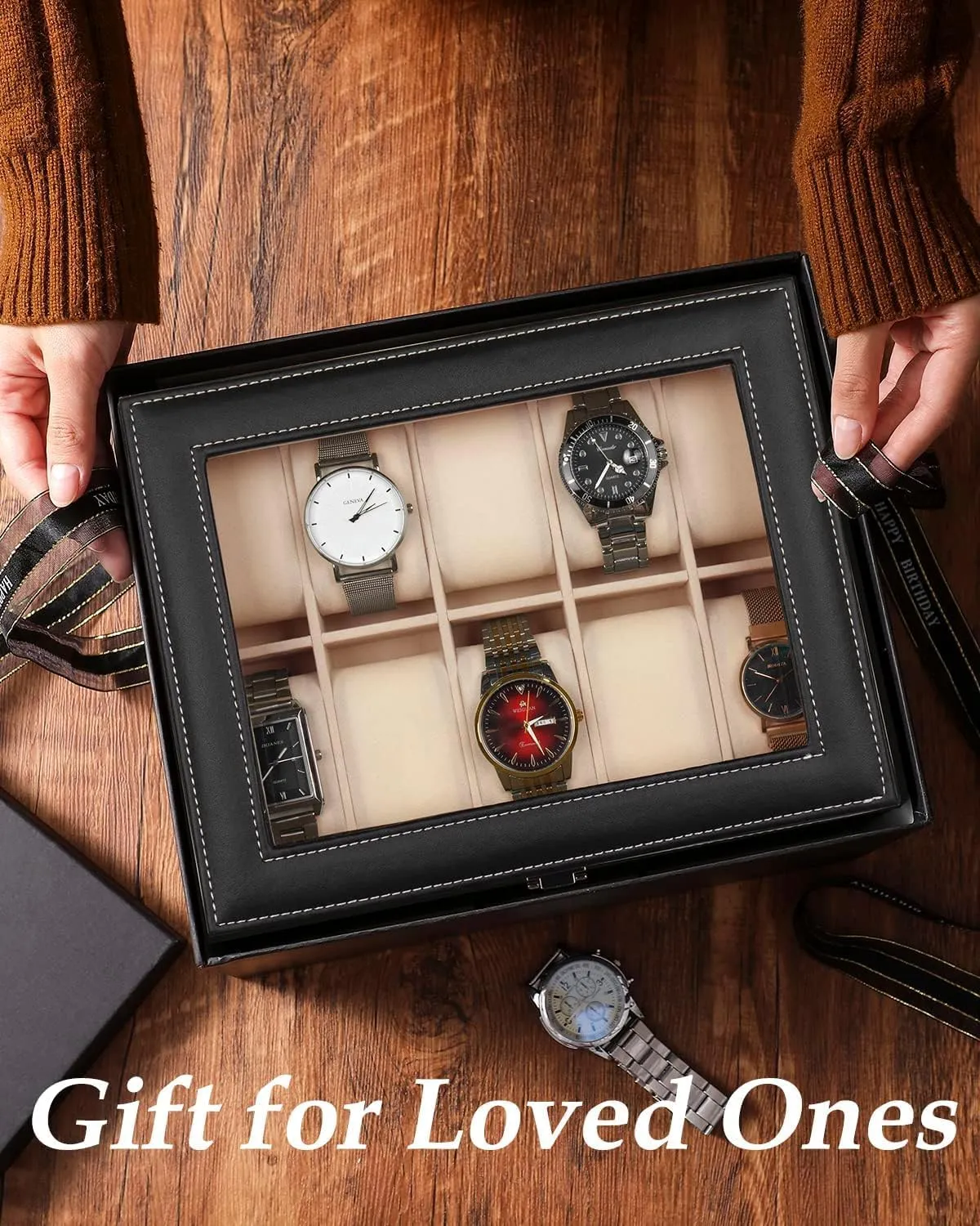 PU Leather for Men and Women, Black GUKA Watch Box, 10 Slot illuminate recycle Watch Case with Real Glass Lid, Watch Display Case with 