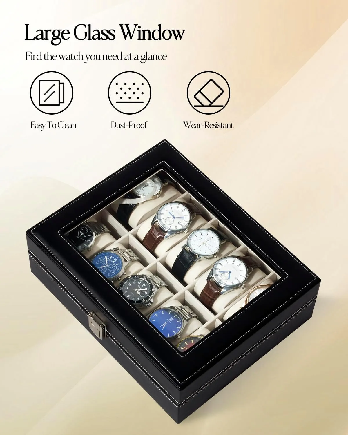 PU Leather for Men and Women, Black GUKA Watch Box, 10 Slot illuminate recycle Watch Case with Real Glass Lid, Watch Display Case with 