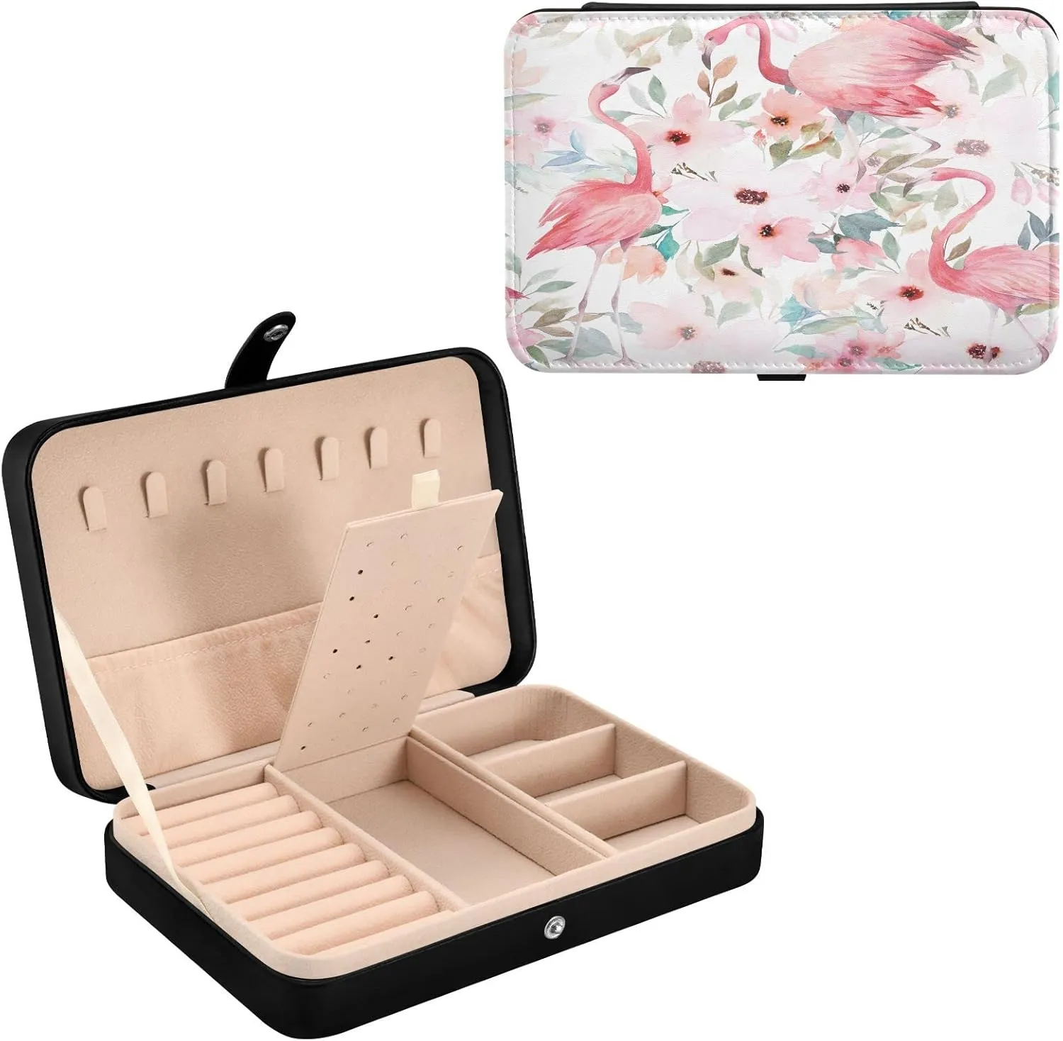 PU Leather Travel Jewelry Organizer Case, Portable Jewellery Storage Holder Display for Ring Earrings Necklace Bracelet Bangle Watch Gift for sphere immediate fat radiant fauna Californian Girl Floral Print with Flamingo 