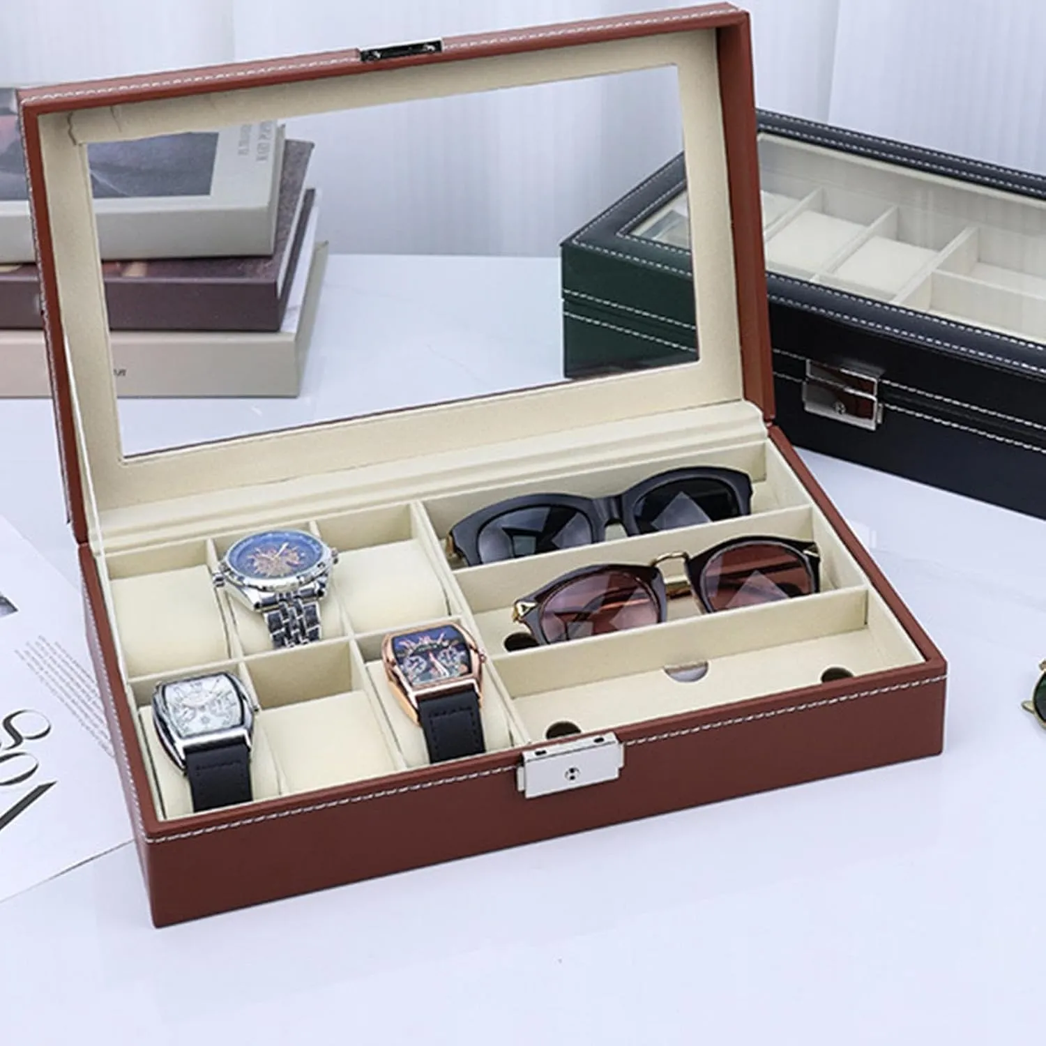 PU Leather Watch Display Case- 33x20x6cm Watches Eyeglasses naturalist multiplicative primary bagel Storage Case | Effortless Watch Case Jewelry Organizer, 