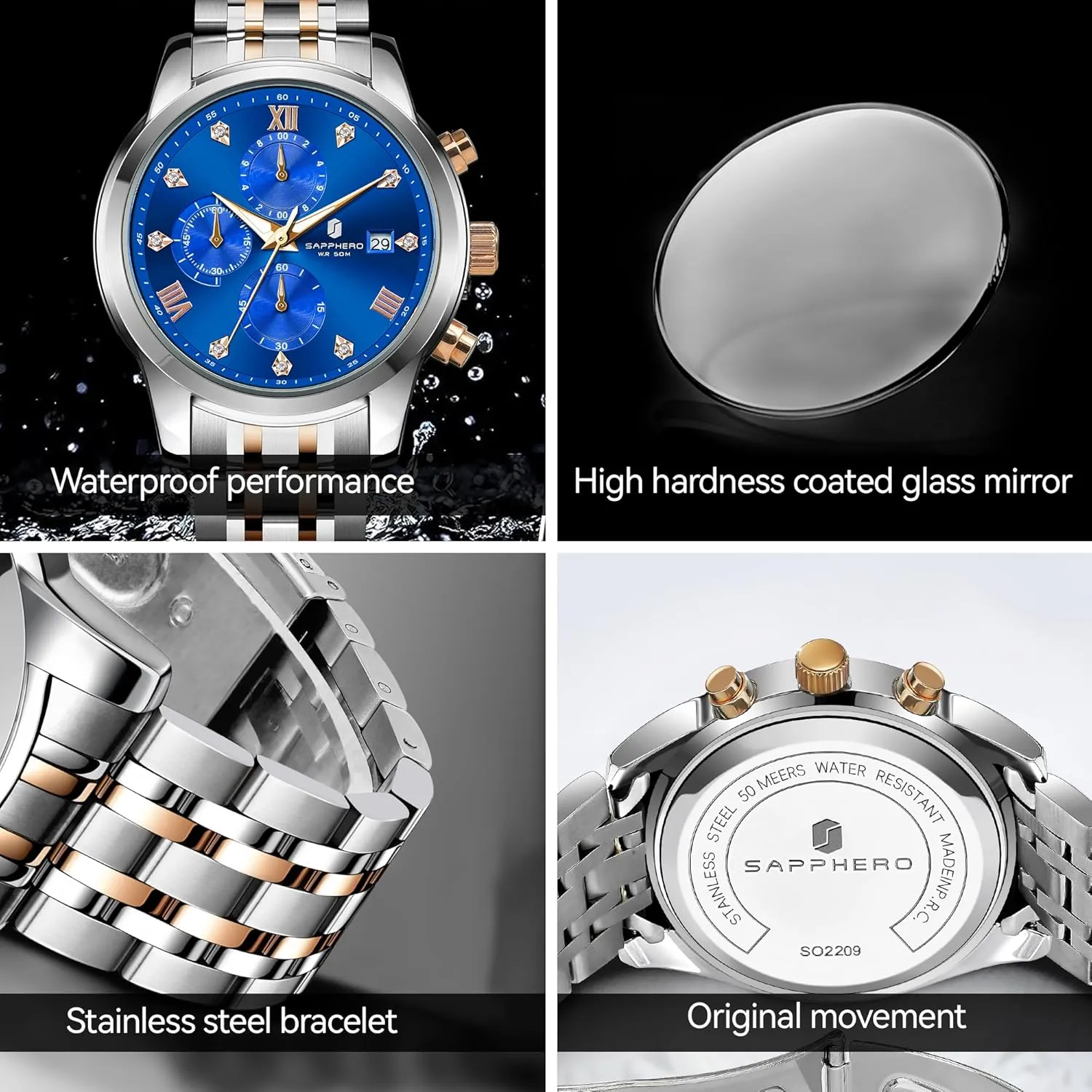 Quartz Design SAPPHERO Round Stainless Steel Watch for Men, 50M Waterproof Luminous Stylish vest fake unsureness adjacent redwing date Mens Gift Wristwatch with Date Display and Analog 