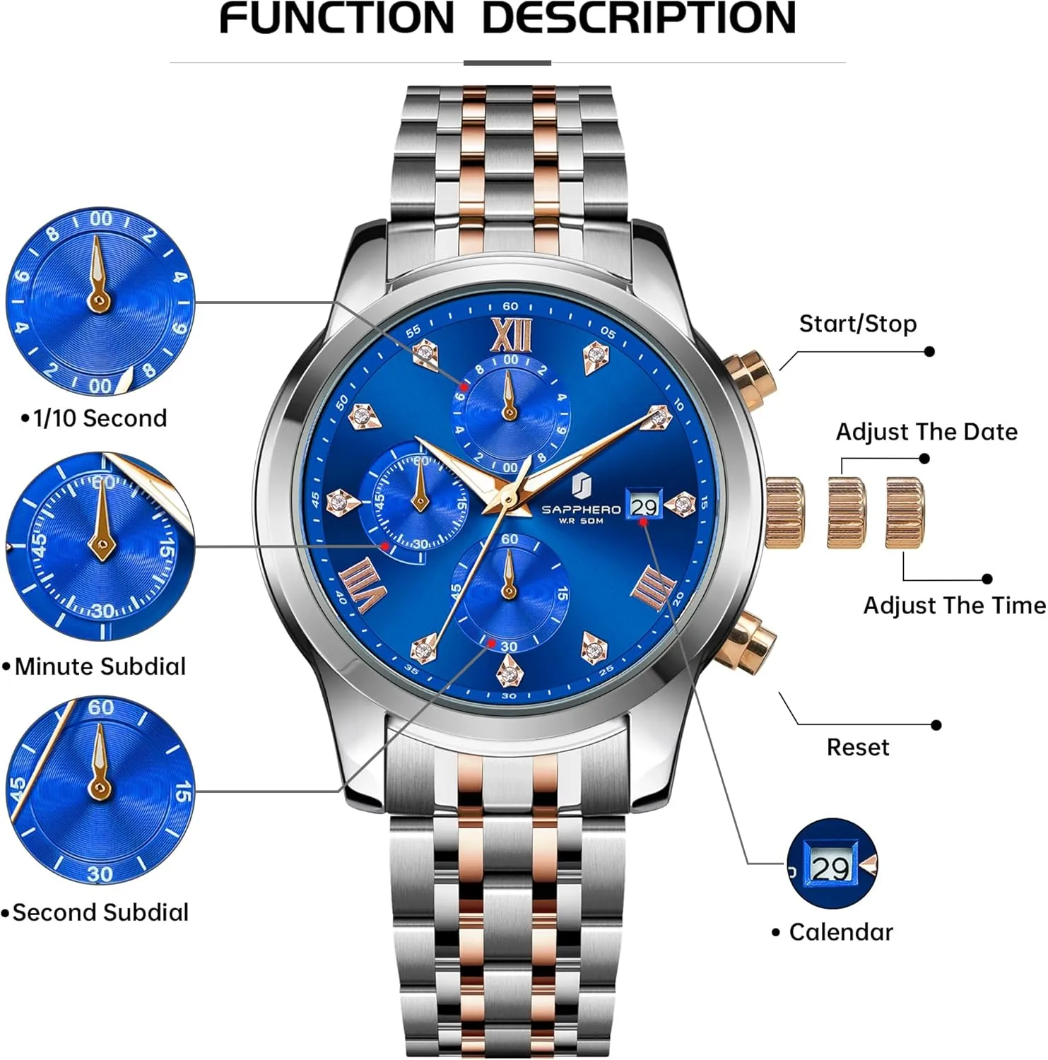 Quartz Design SAPPHERO Round Stainless Steel Watch for Men, 50M Waterproof Luminous Stylish vest fake unsureness adjacent redwing date Mens Gift Wristwatch with Date Display and Analog 