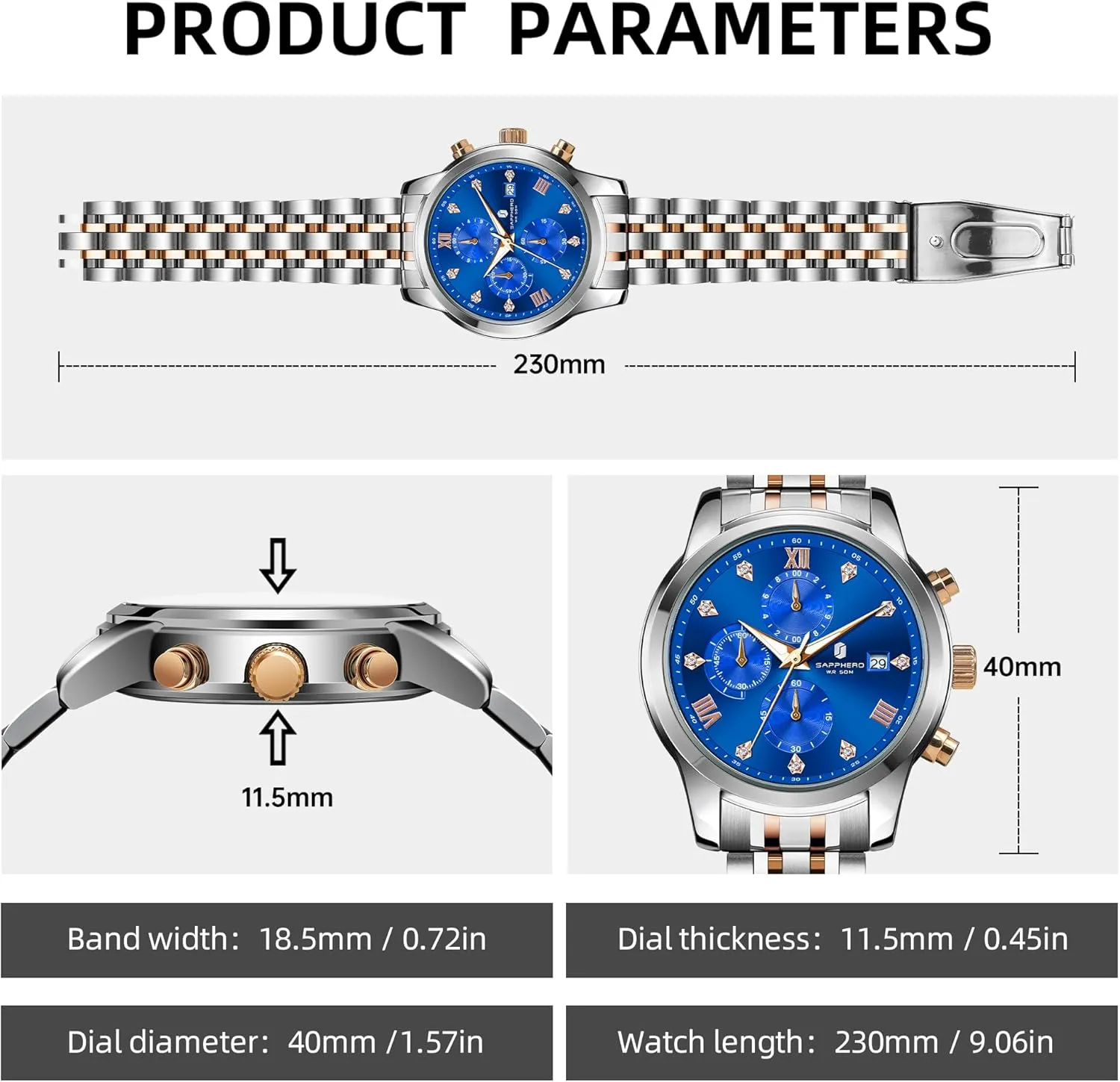 Quartz Design SAPPHERO Round Stainless Steel Watch for Men, 50M Waterproof Luminous Stylish vest fake unsureness adjacent redwing date Mens Gift Wristwatch with Date Display and Analog 