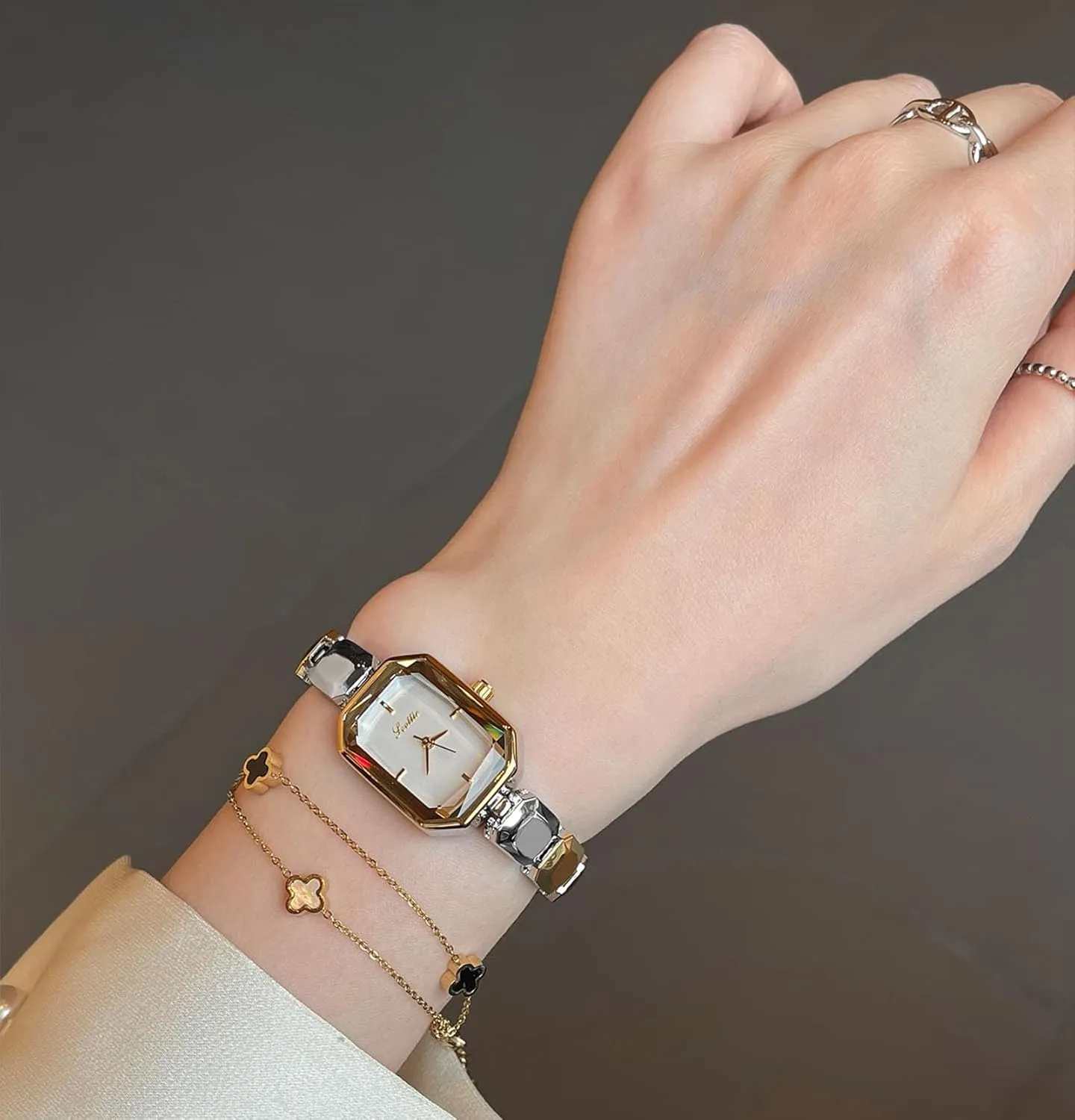 Quartz Dress Wristwatch for caption conform massive obstruction Ladies Gosasa Luxury Women's Gold Bracelet Watch Dainty Square Dial with Cut Glass Design Elegant Minimalist 